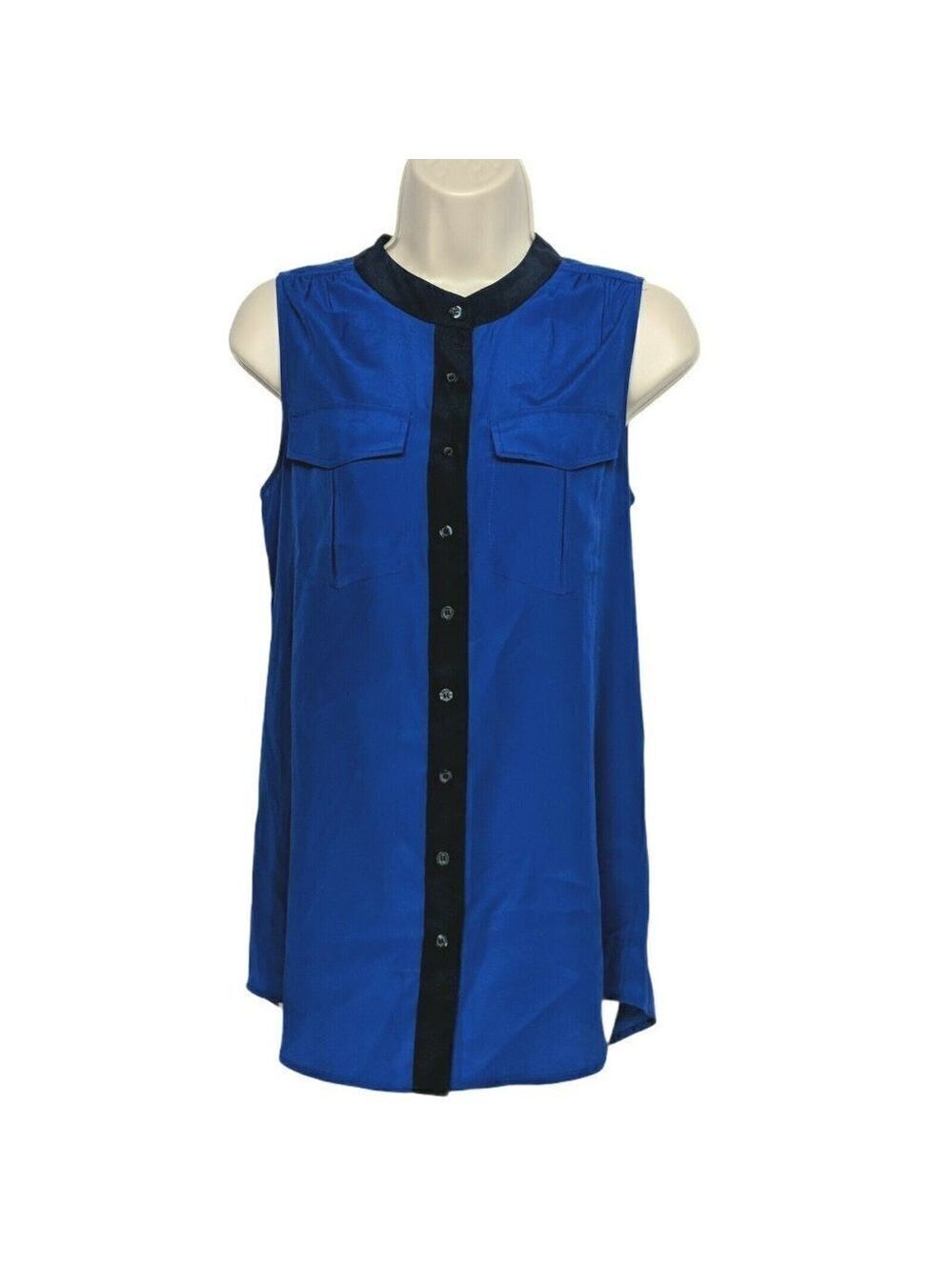 J Crew Tipped Draped Tank Blouse Blue Black Size 2
